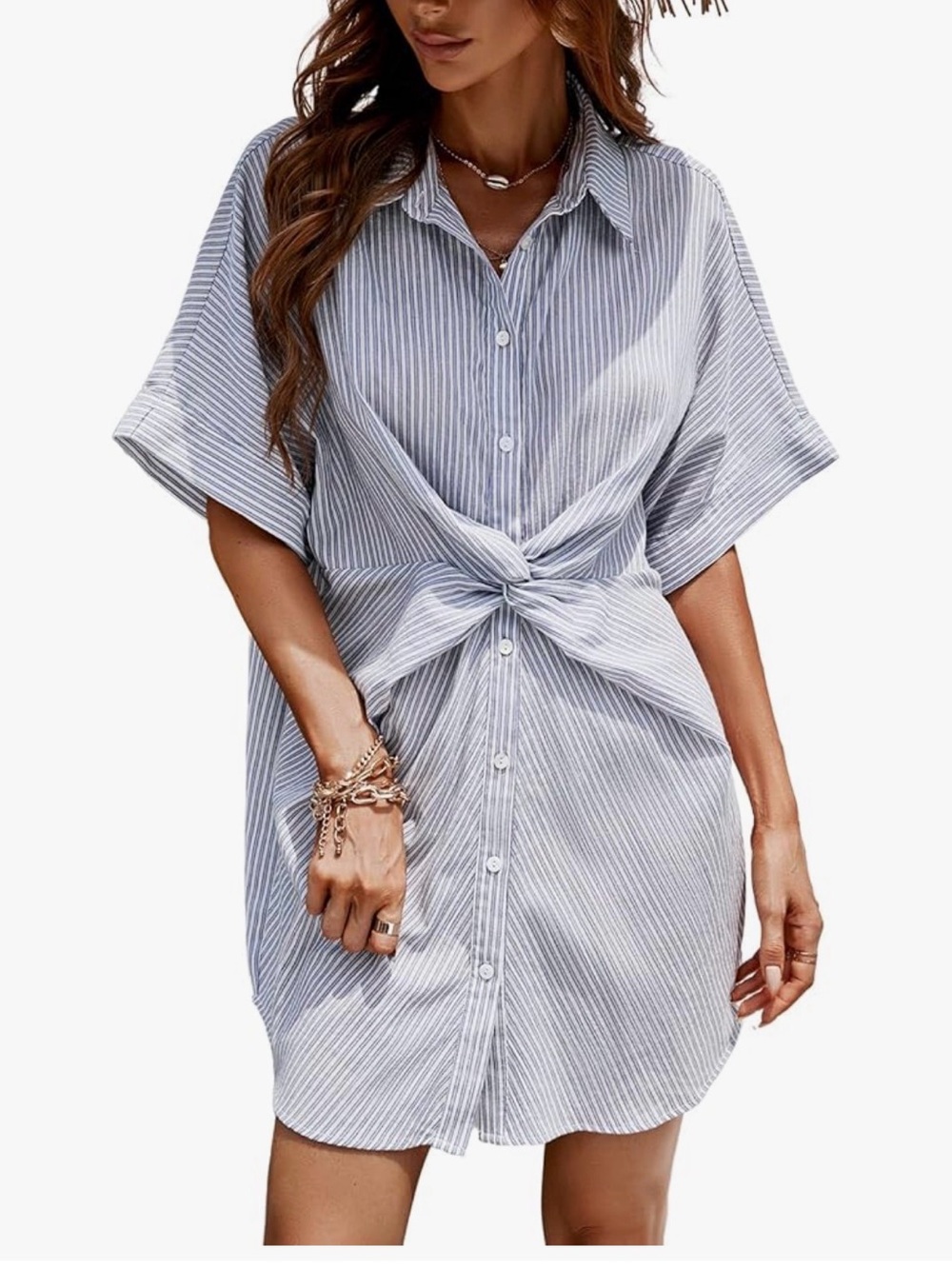 Cupshe Blue & White Striped Tie-Front Mini Shirt Dress